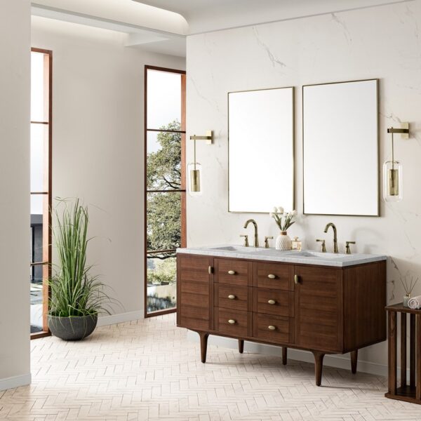 James Martin 670-V60D-WLT-3EJP Amberly 60 Inch Mid-Century Walnut Double Sink Vanity with 3 cm Eternal Jasmine Pearl Top