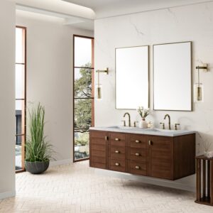 James Martin 670-V60D-WLT-3EJP Amberly 60 Inch Mid-Century Walnut Double Sink Vanity with 3 cm Eternal Jasmine Pearl Top