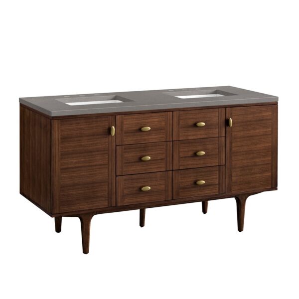 James Martin 670-V60D-WLT-3GEX Amberly 60 Inch Mid-Century Walnut Double Sink Vanity with 3 cm Grey Expo Top