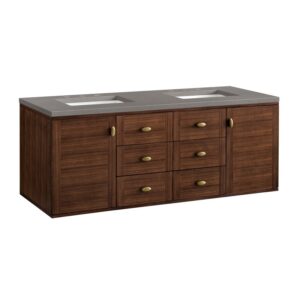 James Martin 670-V60D-WLT-3GEX Amberly 60 Inch Mid-Century Walnut Double Sink Vanity with 3 cm Grey Expo Top