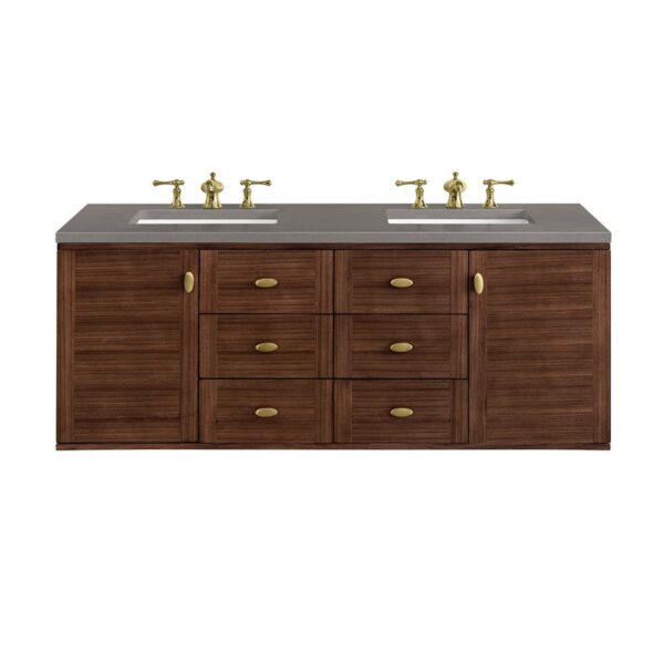 James Martin 670-V60D-WLT-3GEX Amberly 60 Inch Mid-Century Walnut Double Sink Vanity with 3 cm Grey Expo Top