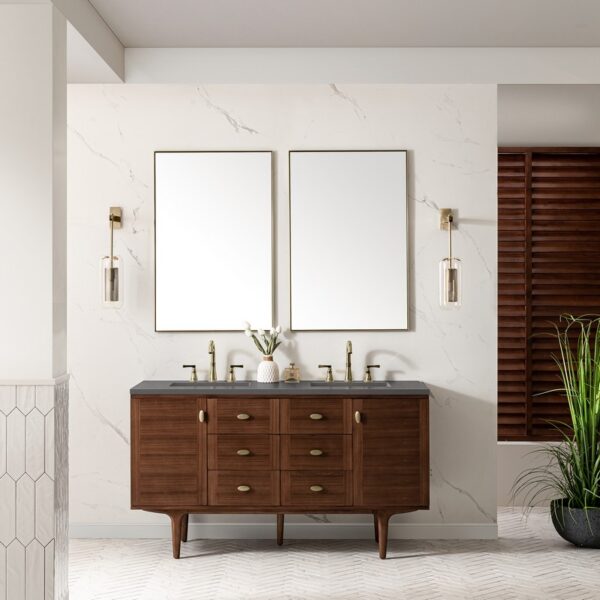 James Martin 670-V60D-WLT-3GEX Amberly 60 Inch Mid-Century Walnut Double Sink Vanity with 3 cm Grey Expo Top