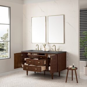 James Martin 670-V60D-WLT-3GEX Amberly 60 Inch Mid-Century Walnut Double Sink Vanity with 3 cm Grey Expo Top