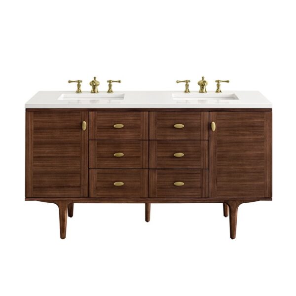 James Martin 670-V60D-WLT-3WZ Amberly 60 Inch Double Vanity in Mid-Century Walnut with 3cm White Zeus Top