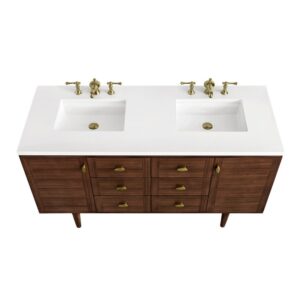 James Martin 670-V60D-WLT-3WZ Amberly 60 Inch Double Vanity in Mid-Century Walnut with 3cm White Zeus Top