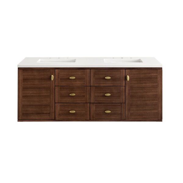 James Martin 670-V60D-WLT-3WZ Amberly 60 Inch Double Vanity in Mid-Century Walnut with 3cm White Zeus Top