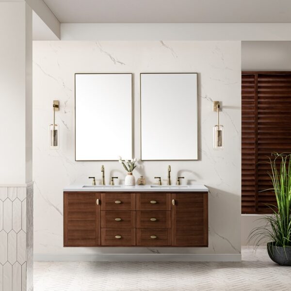 James Martin 670-V60D-WLT-3WZ Amberly 60 Inch Double Vanity in Mid-Century Walnut with 3cm White Zeus Top