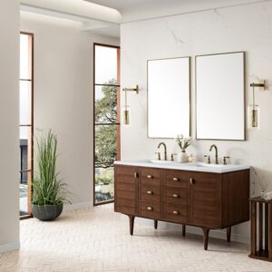 James Martin 670-V60D-WLT-3WZ Amberly 60 Inch Double Vanity in Mid-Century Walnut with 3cm White Zeus Top