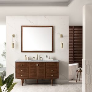 James Martin 670-V60S-WLT-3CAR Amberly 60 Inch Mid-Century Walnut Single Sink Vanity with 3 cm Carrara Marble Top