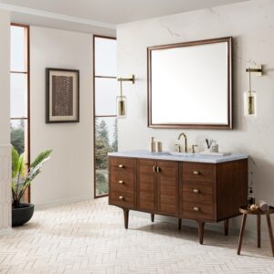 James Martin 670-V60S-WLT-3CAR Amberly 60 Inch Mid-Century Walnut Single Sink Vanity with 3 cm Carrara Marble Top