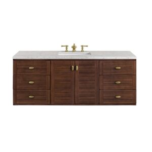 James Martin 670-V60S-WLT-3EJP Amberly 60 Inch Mid-Century Walnut Single Sink Vanity with 3 cm Eternal Jasmine Pearl Top