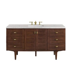 James Martin 670-V60S-WLT-3EJP Amberly 60 Inch Mid-Century Walnut Single Sink Vanity with 3 cm Eternal Jasmine Pearl Top