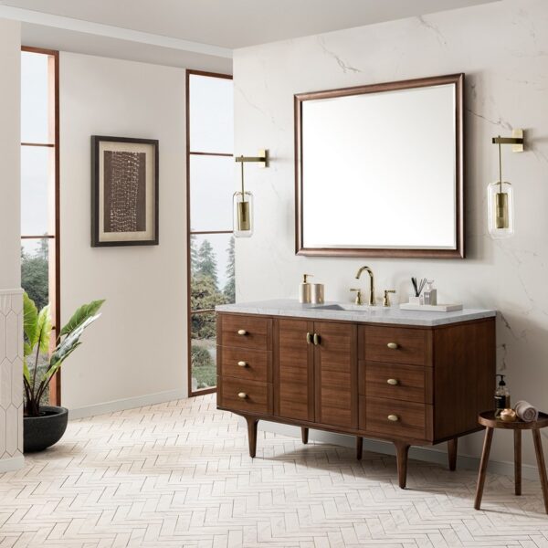 James Martin 670-V60S-WLT-3EJP Amberly 60 Inch Mid-Century Walnut Single Sink Vanity with 3 cm Eternal Jasmine Pearl Top