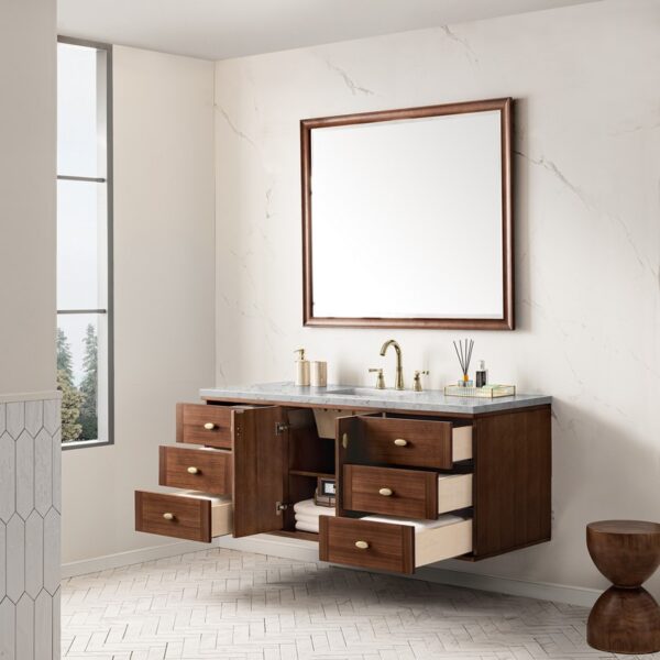 James Martin 670-V60S-WLT-3EJP Amberly 60 Inch Mid-Century Walnut Single Sink Vanity with 3 cm Eternal Jasmine Pearl Top