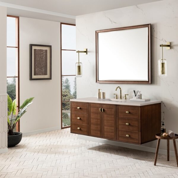 James Martin 670-V60S-WLT-3EMR Amberly 60 Inch Mid-Century Walnut Single Sink Vanity with 3 cm Eternal Marfil Top