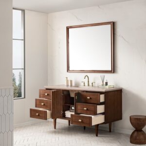 James Martin 670-V60S-WLT-3EMR Amberly 60 Inch Mid-Century Walnut Single Sink Vanity with 3 cm Eternal Marfil Top