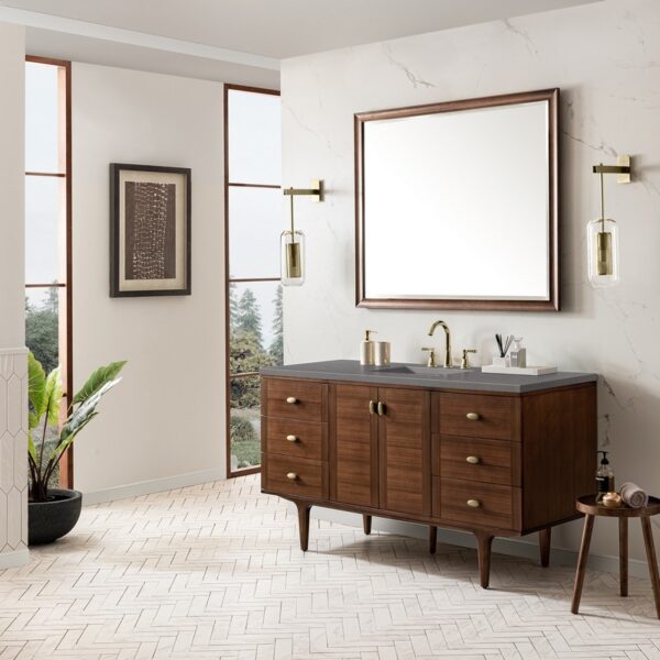 James Martin 670-V60S-WLT-3GEX Amberly 60 Inch Mid-Century Walnut Single Sink Vanity with 3 cm Grey Expo Top