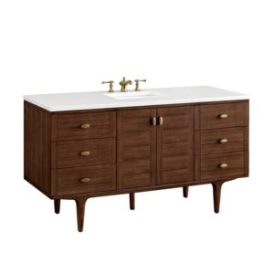 James Martin 670-V60S-WLT-3WZ Amberly 60 Inch Single Vanity in Mid-Century Walnut with 3cm White Zeus Top