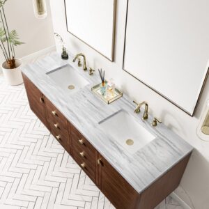 James Martin 670-V72-WLT-3AF Amberly 72 Inch Mid-Century Walnut Double Sink Vanity with 3 cm Arctic Fall Top