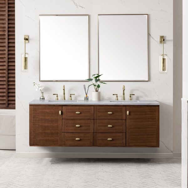 James Martin 670-V72-WLT-3AF Amberly 72 Inch Mid-Century Walnut Double Sink Vanity with 3 cm Arctic Fall Top