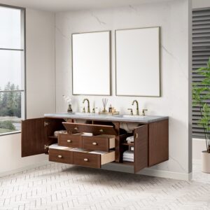 James Martin 670-V72-WLT-3AF Amberly 72 Inch Mid-Century Walnut Double Sink Vanity with 3 cm Arctic Fall Top