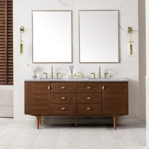 James Martin 670-V72-WLT-3CAR Amberly 72 Inch Mid-Century Walnut Double Sink Vanity with 3 cm Carrara Marble Top