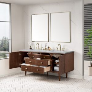 James Martin 670-V72-WLT-3CAR Amberly 72 Inch Mid-Century Walnut Double Sink Vanity with 3 cm Carrara Marble Top