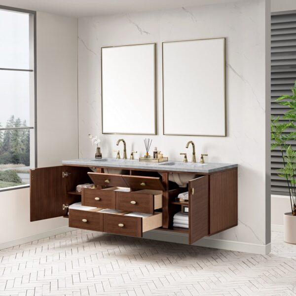 James Martin 670-V72-WLT-3CAR Amberly 72 Inch Mid-Century Walnut Double Sink Vanity with 3 cm Carrara Marble Top