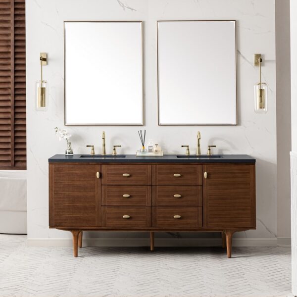 James Martin 670-V72-WLT-3CSP Amberly 72 Inch Mid-Century Walnut Double Sink Vanity with 3 cm Charcoal Soapstone Top