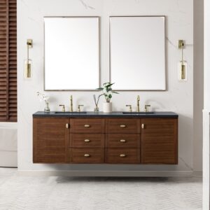 James Martin 670-V72-WLT-3CSP Amberly 72 Inch Mid-Century Walnut Double Sink Vanity with 3 cm Charcoal Soapstone Top