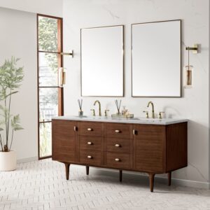 James Martin 670-V72-WLT-3EJP Amberly 72 Inch Mid-Century Walnut Double Sink Vanity with 3 cm Eternal Jasmine Pearl Top