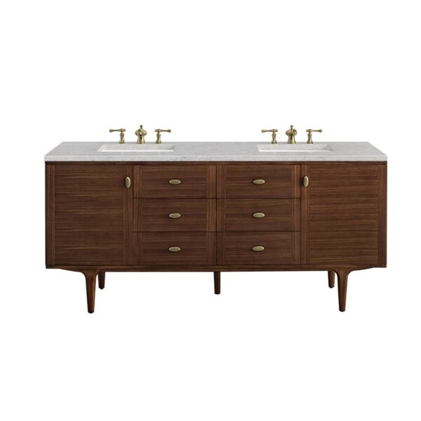 James Martin 670-V72-WLT-3EJP Amberly 72 Inch Mid-Century Walnut Double Sink Vanity with 3 cm Eternal Jasmine Pearl Top