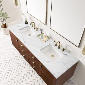 James Martin 670-V72-WLT-3ENC Amberly 72 Inch Mid-Century Walnut Double Sink Vanity with 3 cm Ethereal Noctis Top