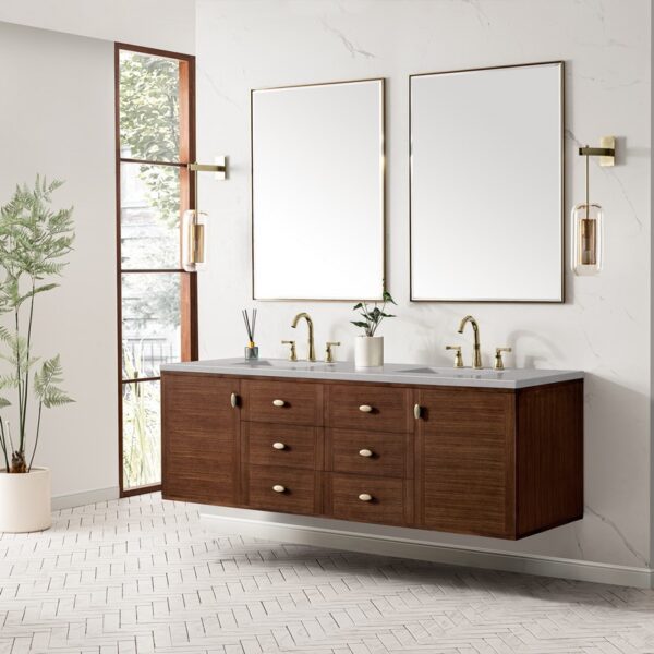 James Martin 670-V72-WLT-3ESR Amberly 72 Inch Mid-Century Walnut Double Sink Vanity with 3 cm Eternal Serena Top