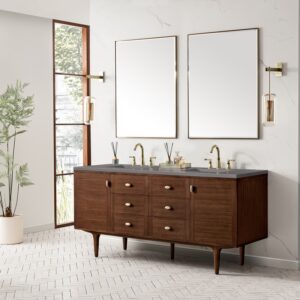 James Martin 670-V72-WLT-3GEX Amberly 72 Inch Mid-Century Walnut Double Sink Vanity with 3 cm Grey Expo Top