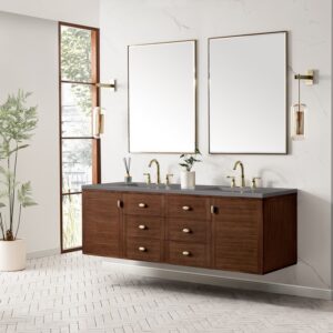 James Martin 670-V72-WLT-3GEX Amberly 72 Inch Mid-Century Walnut Double Sink Vanity with 3 cm Grey Expo Top