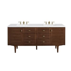 James Martin 670-V72-WLT-3WZ Amberly 72 Inch Double Vanity in Mid-Century Walnut with 3cm White Zeus Top