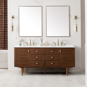 James Martin 670-V72-WLT-3WZ Amberly 72 Inch Double Vanity in Mid-Century Walnut with 3cm White Zeus Top