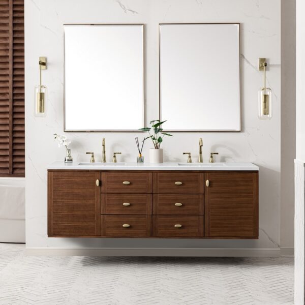 James Martin 670-V72-WLT-3WZ Amberly 72 Inch Double Vanity in Mid-Century Walnut with 3cm White Zeus Top