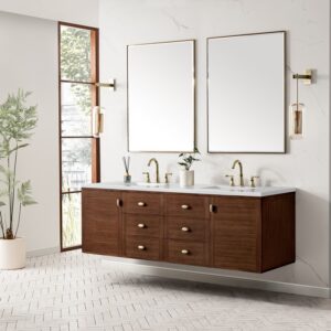 James Martin 670-V72-WLT-3WZ Amberly 72 Inch Double Vanity in Mid-Century Walnut with 3cm White Zeus Top