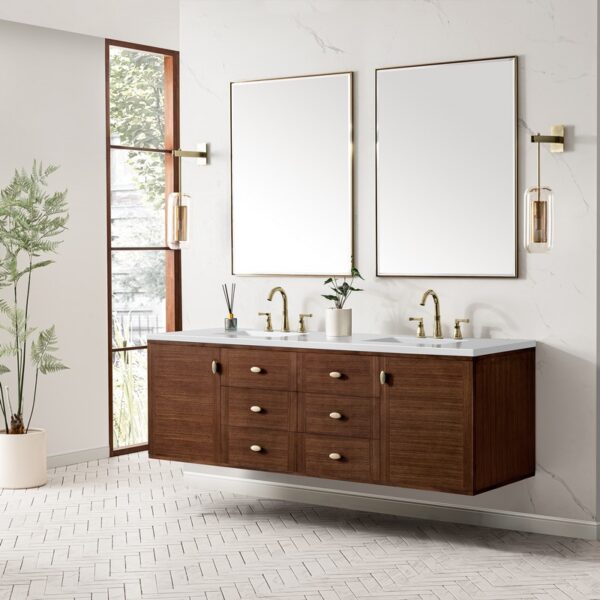 James Martin 670-V72-WLT-3WZ Amberly 72 Inch Double Vanity in Mid-Century Walnut with 3cm White Zeus Top