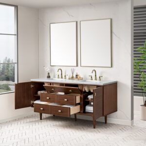 James Martin 670-V72-WLT-3WZ Amberly 72 Inch Double Vanity in Mid-Century Walnut with 3cm White Zeus Top