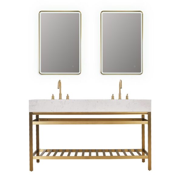 Altair 68060-AWAP Merano 60 Inch Double Stainless Steel Vanity Console with Aosta White Stone Countertop