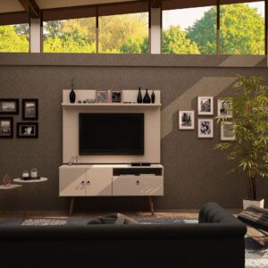 Manhattan Comfort Tribeca 53.94 Mid-Century Modern TV Stand and Panel with Media and Display Shelves in Off White