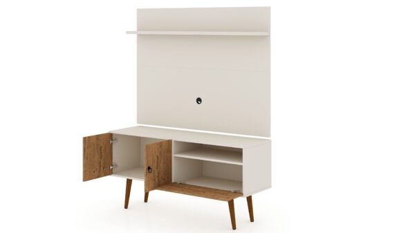 Manhattan Comfort Tribeca 53.94 Mid-Century Modern TV Stand and Panel with Media and Display Shelves in Off White and Nature