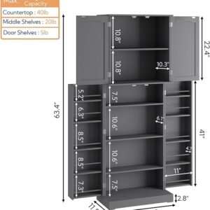 RetailHuntUSA Tall Kitchen Pantry Storage Cabinet with Doors and Shelves, Wooden Food Pantry Farmhouse Cupboard Freestanding Buffet for Kitchen