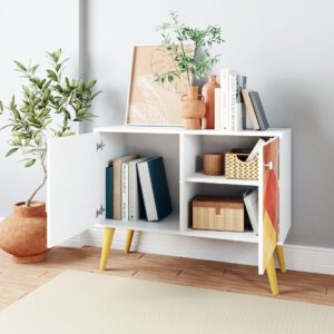 Manhattan Comfort Funky Avesta Side Table 2.0 with 3 Shelves in a White Frame with a Colorful Stamp Door and Yellow Feet