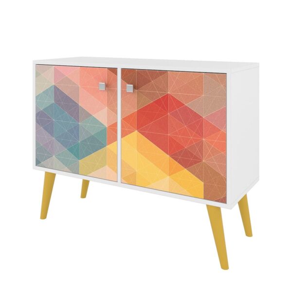 Manhattan Comfort Funky Avesta Side Table 2.0 with 3 Shelves in a White Frame with a Colorful Stamp Door and Yellow Feet