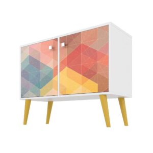 Manhattan Comfort Funky Avesta Side Table 2.0 with 3 Shelves in a White Frame with a Colorful Stamp Door and Yellow Feet