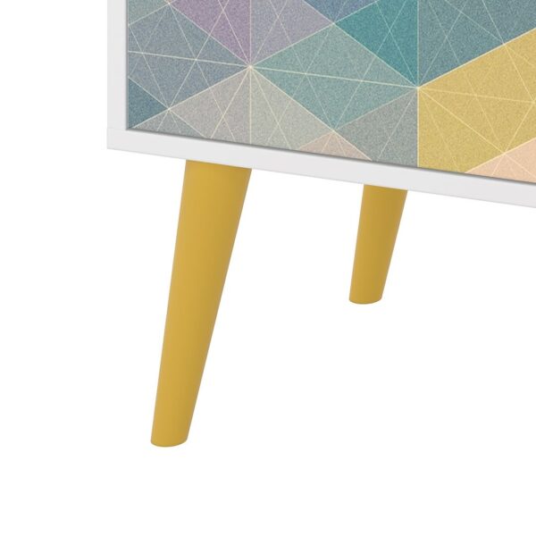 Manhattan Comfort Funky Avesta Side Table 2.0 with 3 Shelves in a White Frame with a Colorful Stamp Door and Yellow Feet